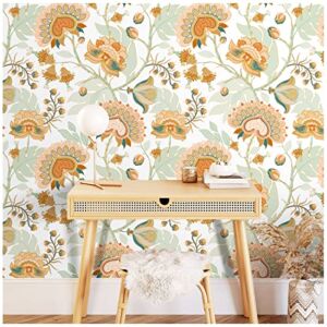 Floralplus Boho Wallpaper Vintage Chomper Flower Peel and Stick Wallpaper for Home Decor Floral Removable Wallpaper Countertops Cabinet 17.7in x 118in