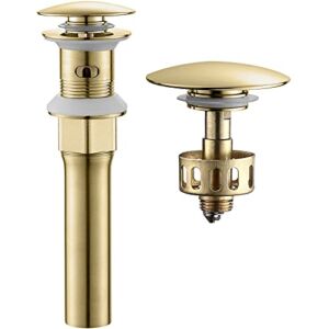 JONKEAN Pop Up Drain Stopper for Bathroom Sink, Bathroom Pop Up Drain with Overflow, Bathroom Vessel Sink Drain Assembly with Detachable Basket, Anti-Clogging Drain Strainer (Brushed Gold)