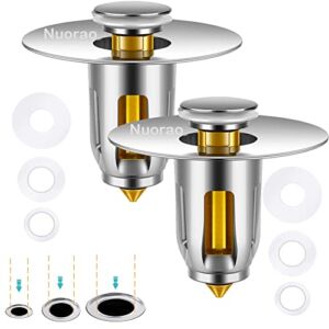 2 Pack Universal Bathroom Sink Stopper, for 1.02~1.96 Inch Bathtub Converter Sink Drain Strainer Plug No Overflow with Basket Hair Catcher, Bullet Core Push Type Basin Pop-Up Drain Filter(Solid Brass)