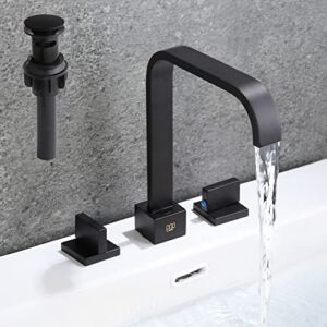 POP SANITARYWARE Matte Black 2-Handle 3 Holes Widespread Bathroom Sink Faucet Pop-Up Drain Assembly Solid Brass 8 Inches Waterfall Bathroom Vanity Faucet Basin Mixer Faucets