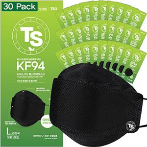 【 30 Pack 】 KF94 Mask, Certified, Black TS Guard Safety Face Mask ; 4-Layered Protection, Tri-Folding Style, 3D-Ergonomic Design, Black Color, Large Size, Made in Korea. (30)