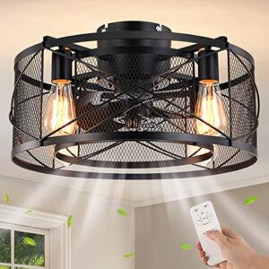Caged Ceiling Fan with Light, 20 In Ceiling Fan Lights with Remote, 3 Speeds Adjustable Black Enclosed Farmhouse Industrial Flush Mount Ceiling Fan for Kitchen Bedroom