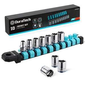 DURATECH 3/8″ Drive Socket Set, Metric Socket Set 10PCS, Mechanic Metric Socket Sets with Storage Rack, 6-Point Shallow Socket Set, 8mm, 10mm, 11mm, 12mm, 13mm, 14mm, 15mm, 16mm, 17mm, 19mm