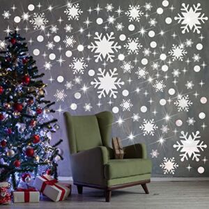 193 Pieces Snowflake Wall Decal Removable Dots Star Wall Decals Christmas Frozen Room Decor 3D Mirror Silver Mirror Acrylic Wall Stickers Peel and Stick Winter Wall Decor for Bedroom Living Room Party