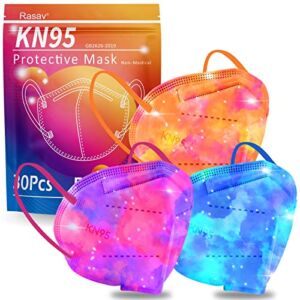 Rasav KN95 Face Masks, 30 Pack Comfortable 5 Layer Cup Dust Safety Mask, Muti-Colored Design KN95 Mask with Elastic Ear Loops for Women, Men