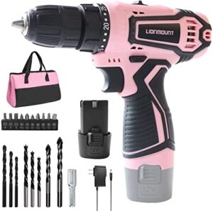 12V Pink Cordless Drill Driver Electric Screwdriver Small Hand ScrewGun Tool Kit for Women 3/8″ Keyless Chuck Charger and Storage Bag Included