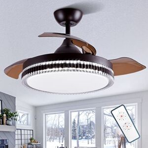 ALUOCYI Modern Retractable Blades Ceiling Fan with Lights and Remote, 42 inch Indoor Ceiling Fan ,6 Wind Speeds, 3-Color LED Lamp and Reversible DC Motor Noiseless for Patio Kitchen Bedroom Living room