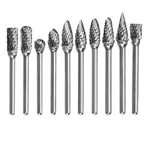 MABUARN 10PCS Tungsten Carbide Rotary Burr Set Double Cut, 1/8″(3mm) Shank Cutting Burrs Tool for Wood Carving Grinder Drilling, Soft Metal Polishing, Engraving