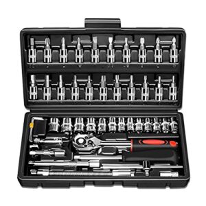 ZUZUAN 46 Pieces 1/4 inch Drive Socket Ratchet Wrench Set, with Bit Socket Set Metric and Extension Bar for Auto Repairing and Household, with Storage Case