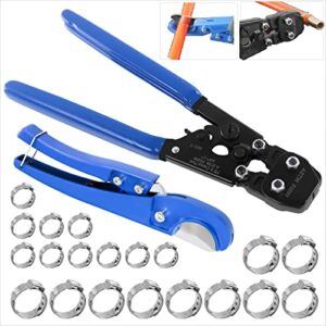 PEX Pipe Clamp Cinch Tool Crimping Tool Crimper for Stainless Steel Clamps from 3/8-inch to 1-inch with 1/2-inch 10PCS and 3/4-inch 10PCS SS PEX Clamps,with Pipe Cutter