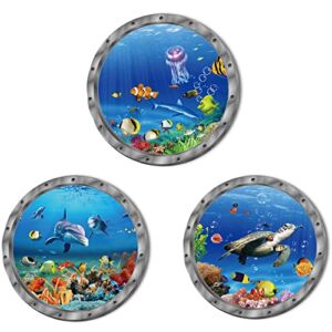 Ocean Animals World Under Sea Decor Includ Sea Turtles Dolphins Fishes 3 Pcs Removable 3D Peel and Stick Vinyl Stickers for Bathroom,Wall Decor,Wall Stickers,Bedroom,Furniture