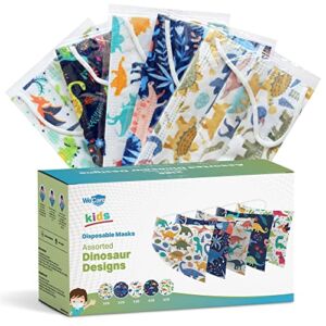 WeCare Disposable Face Masks For Kids, 50 Dinosaur Print Face Masks, Individually Wrapped