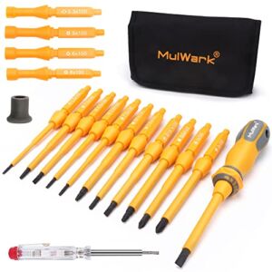 MulWark Insulated Screwdriver Set, 20pc 1000V Interchangeable Blade Terminating Screw Driver, 12-Pcs Magnetic Phillips Slotted Square Torx Head, 4pc Cabinet Utility Key& Bag Practical Electrician Tool