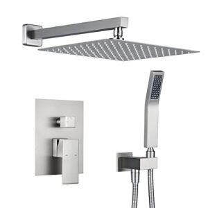 Artiqua Rain Shower System 12 Inches Shower Combo Set Brushed Nickel Wall Mount Faucet Bathroom Faucets with Rainfall Shower Head and Hand Shower