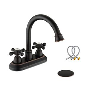 KirlystonE Oil-Rubbed-Bronze Bathroom Sink Faucet, Bronze 4″ Centerset Vanity Faucet with Cross Handles