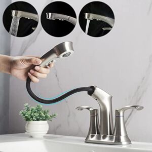 LEITECHUWEI Bathroom Faucet for Sink 3 Hole,Brushed Nickel Bathroom Faucet with Pull Out Sprayer,2 Handle Bathroom Faucet is 4 Inch Centerset Vanity Sink Faucet,Pull Down Utility Faucet,RV Faucet