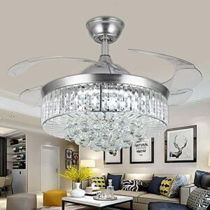 42″Invisible Ceiling Fan Chandelier Light,Modern Crystal Ceiling Fan Light Remote Control 4 Retractable ABS Blades for Bedroom Living Room Dining Room Decoration (Style D)