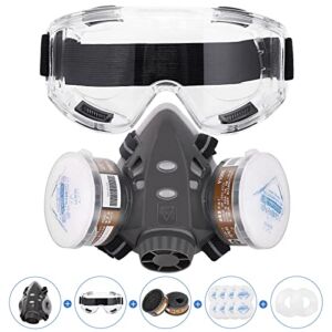 Reusable Respirator Half Facepiece Cover w/Safety Goggles & Filters Against Dust Vapors Gas Pollen Chemicals Suitable for Painting Spraying Sanding Welding Woodworking Epoxy Resin & Other Protection