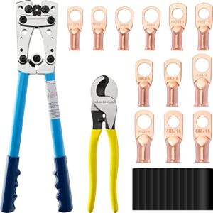 haisstronica Battery Cable Lug Crimping Tool Set,with Cable Cutter and 12PCS AWG 4 6 8(5/16″ 3/8″)Wire Copper Lugs,10PCS 3:1 Dual Wall Adhesive Heat Shrink Tubing
