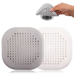 Drain Hair Catcher,Square Drain Cover for Shower Durable Silicone Hair Stopper with 4 Suction Cups Easy to Install and Clean Suit for Bathroom Bathtub and Kitchen 2 Pack(Grey White)