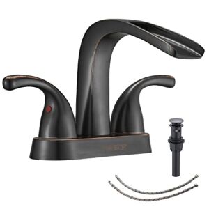 Waterfall Bathroom Faucet FRANSITON Bathroom Sink Faucet 4 Inch 2 Handle 3 Hole w/ Pop Up Drain, Lead-Free Faucet for Bathroom Sink, Oil-Rubbed Bronze Lavatory Faucet