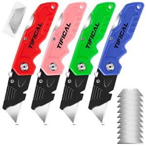 TIFICAL 4 Pack Box Cutter Folding Utility Knife, Extra 10 Blades Included, Quick Change Blades, Lock-Back Design, Box Cutters for Carton, Cardboard, Boxes, Razor Knife Box Opener