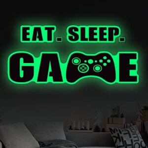 Eat Sleep Game Wall Decal Glow in The Dark Gamer Boy Wall Stickers Vinyl Video Game Wall Decor Gaming Controller Wall Decals for Boys Room Kids Bedroom Home Playroom Decoration