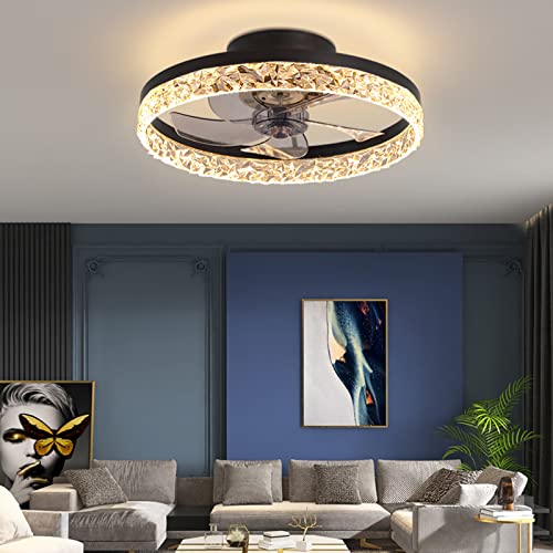 19.7″ Ceiling Fan with Lights with Remote Control, Low Profile Semi Flush Mount Bladeless Fandelier Modern Enclosed Shell Black Indoor Ceiling Fan Lamp Dimmable 3-Color Lighting 3 Wind Speeds Timing for Bedroom Kids Room Living Room Hallway | The Storepaperoomates Retail Market - Fast Affordable Shopping