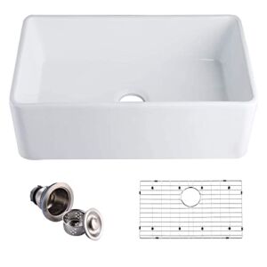 HOROW White Farmhouse Sink, 30 inch Kitchen Sink Apron-front White Fireclay Ceramic Porcelain Single Bowl Kitchen Farm Sinks Basin, 30″ x 18″ x 10″