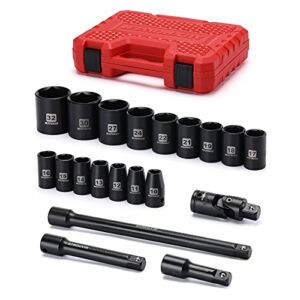 MIXPOWER 1/2-Inch Drive Shallow Impact Socket Set Metric Size 10mm-32mm CR-V 6-Point Mechanic and Repair Project 20-Piece 1/2″ Shallow Sockets Set with Extension Bar and Universal Joints