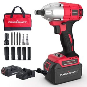 PowerSmart Brushless Cordless Impact Wrench 1/2 In. with Friction Ring, 4.0Ah 20V Battery and Fast Charger, Power Bits/Nut Drivers/Sockets Set Included
