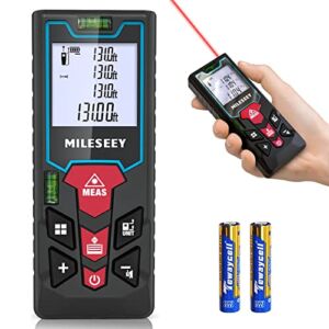 Laser Measure 131ft, MiLESEEY Laser Tape Measure ± 1/16in Accuracy Laser Measurement Tool for Area Volume and Pythagoras Measurement, LCD Backlit with Mute, 2 Bubble Levels and Battery Included