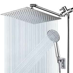 Shower Head, NERDON 12” High Pressure Rainfall Shower Head Handheld Combo 5 Settings with 15” Brass Height/Angle Adjustable Extension Arm 60″ Hose, Stainless Steel Bath Rain Showerhead with 4 Hooks