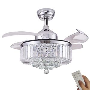 DuMaiWay 36″ Ceiling Fan with Lights, Retractable Pendant Fandelier Crystal Ceiling Fan Chandelier with Remote Control LED for Bedroom Living Room Polished Modern Chrome Silver