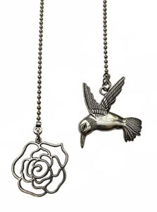 QiChi Large Hummingbird and Rose Fan Light Pull Chain Ornament Set, Silver