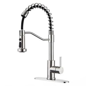 GUUKAR Kitchen Faucet with Pull Down Sprayer Commercial Spring Farmhouse Single Handle Kitchen Sink Faucet with Deck Plate, Brushed Nickel