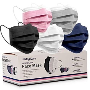 MagiCare Multicolor Face Masks Disposable – 5 Colored Masks (Black, Pink, Gray, White, Navy Blue) – Adult Disposable Face Masks for Women and Men – Soft, Comfortable, Breathable Face Masks- 5 Colorful Mask Options in Packs of 10 (50ct Box)