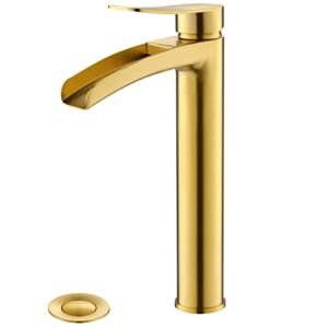 Brushed Gold Waterfall 1 Hole Single Handle Tall Bathroom Vessel Faucet by phiestina, High Arc Spout Vanity Faucet with Pop Up Drain and Water Supply Line, NS-SF01-BG-V