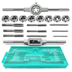 20 PCS Tap and Die Set – Metric Size M3, M4, M5, M6, M7, M8, M9, M10, M12 Tap Set and Die Set Threads Tapping Threading Tool Kit with Wrench Handle, Storage Box