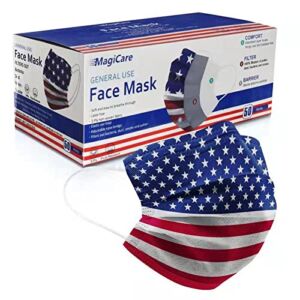 MagiCare American Flag Mask – Printed Disposable Face Mask – Patriotic Design Masks for Adults – Disposable Face Masks with Designs – 4th of July Independence Day – 50/ Box (10ct packs)