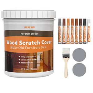 REALINN Water Based Wood Stain 17 Fl Oz / 500ml Scratch Cover for Dark Wood with Touch Up Furniture Markers, Wood Dye Restore Surface Scratches and Fading for Wooden Door, Floor, Table, Cabinet