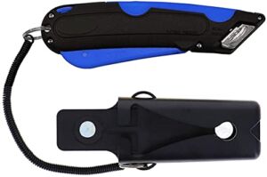 Veltec EZ-1000 Safety Box Cutter Utility Knife, 3 Blade Depth Setting, Squeeze Trigger and Dual Side Edge Guide, 2 Blades, Holster and Lanyard (Blue)