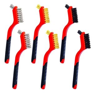 6 Pcs Wire Brush Set- Nylon/Brass/Stainless Steel Bristles with Curved Handle Grip, 7 Inches Wire Bristle Scratch Brush Set and Masonry Brushes for Cleaning Rust, Dirt, Welding Slag, Deep Cleaning