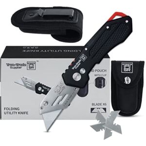 Folding Utility Knife Heavy Duty Stainless Steel Box Cutter Holster Nylon Pouch Belt Clip Replacement Blades Folding Box Cutter Knife With Carry Case Utility Knife With Clip Navaja De Trabajo Roofing