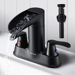 Black Bathroom Faucet 4 Inch 2 Handle – WaterSong Waterfall Bathroom Sink Faucet with Pop-up Drain & cUPC Lead-Free Water Supply Hose, Centerset 360° Swivel Spout Bathroom Faucet, RV Farmhouse Modern