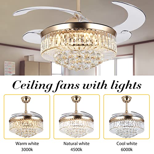 Crystal Ceiling Fan with Light,42 Inch LED 3 Color Remote Control Retractable Invisible Blades 3 Speeds Indoor Ceiling Light Kits with Fans for Decorate Living Room Bedroom | The Storepaperoomates Retail Market - Fast Affordable Shopping