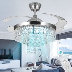 Crystal Ceiling Fan with Light,36 Inch LED 3 Color Remote Control Retractable Invisible Blades 3 Speeds Indoor Ceiling Light Kits with Fans for Decorate Living Room Bedroom