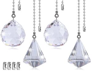 Petute Ceiling Fan Pull Chain, 4 Pieces Crystal Extender Decorative Ornaments Chains Glass Prism Charm Weight Pendant with 19.6in Stainless Steel 3.2mm Bead Cord for Girl Kid Room (Clear,Ball/Cone)