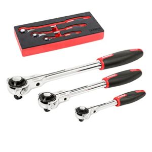 ARES 42024 – 3-Piece 100-Tooth Swivel Head Ratchet Set – 1/4-inch, 3/8-inch, and 1/2-inch Drive – 270 Degree Swivel Action – Comfort Grip Handles – Quick-Release Head Design – EVA Foam Storage Tray