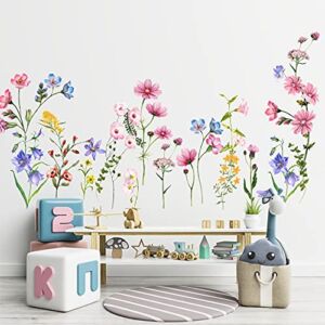Colorful Flowers Vines Wall Decals, SMFANLIN Removable Green Plants Leaves Peel and Stick Wall Stickers, Elegant Floral Art Mural Wallpaper for Baby Kids Bedroom Bathroom Living Room Home Decoration